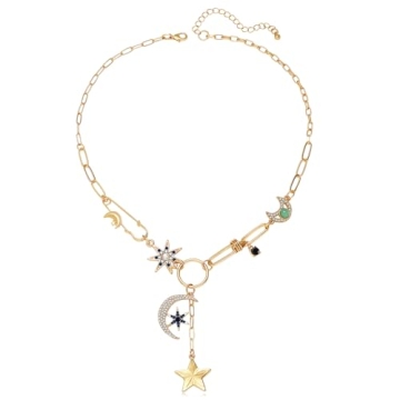 BONJOULRY Charm Necklace for Women - Celestial Moon & Star Charms Pendant