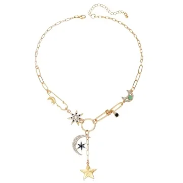 BONJOULRY Charm Necklace for Women - Celestial Moon & Star Charms Pendant