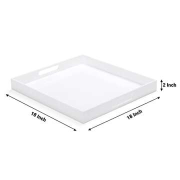 ATOZONE White Acrylic Large Ottoman Tray with Handles 18"x18"x2" Spill Proof Serving Tray Rubber Boot Organizer Tray Decorative for Living Room Bedroom Kitchen Entryway Coffee Table Countertop