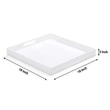 ATOZONE White Acrylic Large Ottoman Tray with Handles 18"x18"x2" Spill Proof Serving Tray Rubber Boo...