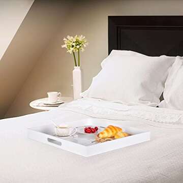 ATOZONE White Acrylic Large Ottoman Tray with Handles 18"x18"x2" Spill Proof Serving Tray Rubber Boot Organizer Tray Decorative for Living Room Bedroom Kitchen Entryway Coffee Table Countertop