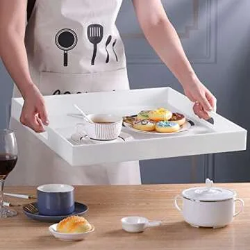 ATOZONE White Acrylic Large Ottoman Tray with Handles 18"x18"x2" Spill Proof Serving Tray Rubber Boot Organizer Tray Decorative for Living Room Bedroom Kitchen Entryway Coffee Table Countertop