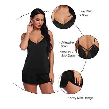 RSLOVE Satin Sleepwear Women V Neck Lingerie Satin Pajamas Cami Shorts Set Nightwear Black S