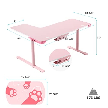 EUREKA L60 Pink Gaming Desk Spacious L Shaped Office