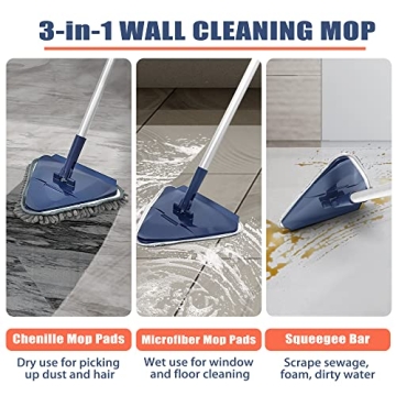 JEHONN Wall Cleaner Mop with Long Handle 82 Inches, 3-in-1 Ceiling Cleaning Tool Duster with 6 Replacement Microfiber Chenille Pads for Painted Walls, Window, Floor, Baseboard