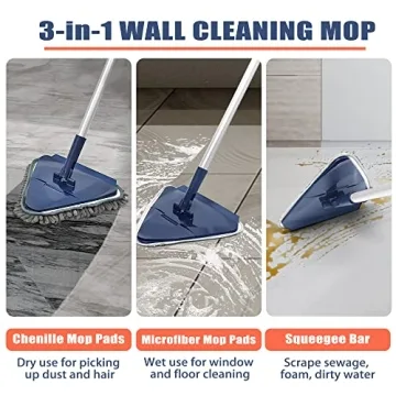 JEHONN Wall Cleaner Mop with Long Handle 82 Inches, 3-in-1 Ceiling Cleaning Tool Duster with 6 Replacement Microfiber Chenille Pads for Painted Walls, Window, Floor, Baseboard