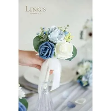 Ling's Moment Dusty Blue Wedding Table Centerpieces Mini Bridesmaid Bouquets Set of 6 Light Blue Rose Bouquets Pre-Made Floral Wedding Centerpieces for Reception Decor (Dusty Blue)