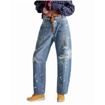 LifeShe Women's Baggy Barrel Jeans - Casual Mid Rise Denim