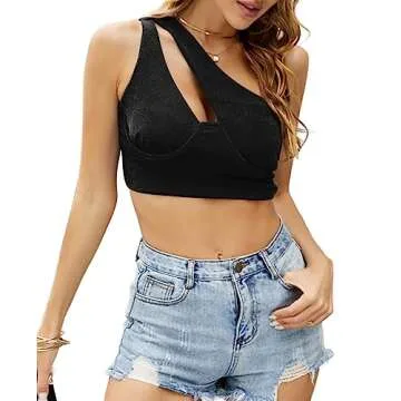 LYANER Women's Sexy One Shoulder Cut Out Sleeveless Slim Cami Crop Top Black Medium