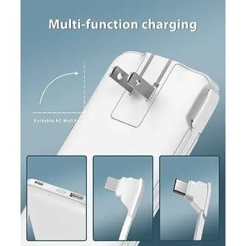 TG90° Power Bank with Built in AC Wall Plug, Ultra Slim 10000mah Portable Charger with Built in Cables External Battery Pack Compatible with iPhone Android Smart Devices