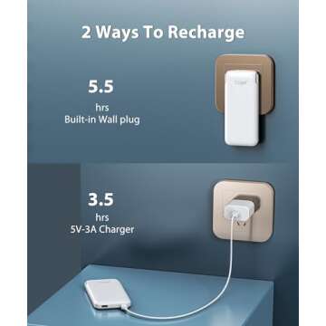 TG90° Power Bank with Built in AC Wall Plug, Ultra Slim 10000mah Portable Charger with Built in Cables External Battery Pack Compatible with iPhone Android Smart Devices