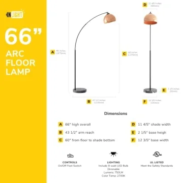 GETINLIGHT 66" Rose Gold Arc Floor Lamp with Marble Base