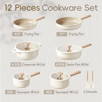 CAROTE Nonstick Ceramic Cookware Set 12 Pcs Essentials