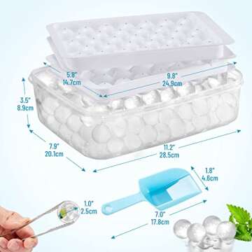 ICEDIVER Ice Cube Tray, Circle Ball Ice Trays for Freezer with Lid & Bin, Sphere Ice Cube Mold Making 66 x 1.0IN Small Round Ice Cubes(2 White Ice Trays, 1 Ice Bucket Scoop & Tong)