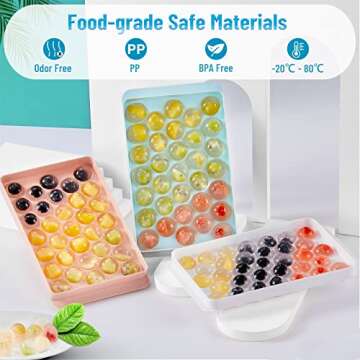 ICEDIVER Ice Cube Tray, Circle Ball Ice Trays for Freezer with Lid & Bin, Sphere Ice Cube Mold Making 66 x 1.0IN Small Round Ice Cubes(2 White Ice Trays, 1 Ice Bucket Scoop & Tong)