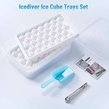 ICEDIVER Ice Cube Tray, Circle Ball Ice Trays for Freezer with Lid & Bin, Sphere Ice Cube Mold Making 66 x 1.0IN Small Round Ice Cubes(2 White Ice Trays, 1 Ice Bucket Scoop & Tong)