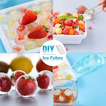 ICEDIVER Ice Cube Tray, Circle Ball Ice Trays for Freezer with Lid & Bin, Sphere Ice Cube Mold Making 66 x 1.0IN Small Round Ice Cubes(2 White Ice Trays, 1 Ice Bucket Scoop & Tong)
