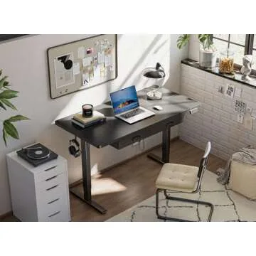 FEZIBO Adjustable Height Electric Standing Desk with Double Drawer, 55 x 24 Inches Stand Up Home Office Desk with Splice Tabletop, Black Frame/Black Top