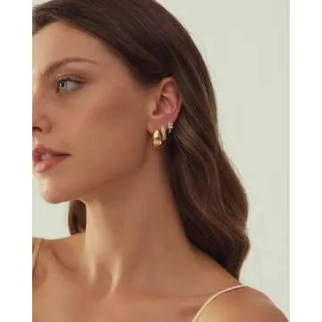 Gold Hoop Earrings Set for Women, 14K Gold Plated Lightweight Gold Earrings Sets for Multiple Piercing, Hypoallergenic Chunky Trendy Gold Earrings for Women Jewelry