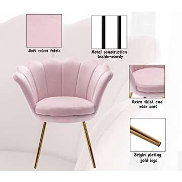 chairus Chair, Mid Century Modern Retro Leisure Velvet Accent Chair with Golden Metal Legs, Vanity Chair for Bedroom Living Room Dresser, Upholstered Guest Chair(Light Pink)
