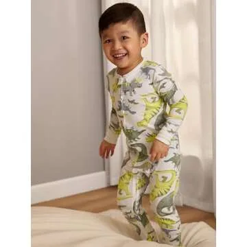 Simple Joys by Carter's Baby Boys' 3-Pack Snug Fit Footless Cotton Pajamas, Blue Stripe/Green Trucks/White Dinosaur, 12 Months