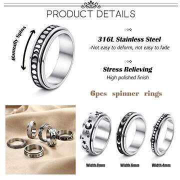 THUNARAZ Anxiety Ring Set - Stylish Spinner Fidget Rings for Stress Relief 5-11 US Sizes