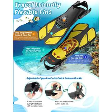 Zenoplige Mask Fins Snorkel Set, Snorkeling Gear for Adults, Panoramic View Snorkel Mask Anti-Fog, Adjustable Dive Flippers, Dry Top Snorkel and Travel Bag, Scuba Gear for Swimming Snorkeling Diving
