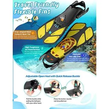 Zenoplige Mask Fins Snorkel Set, Snorkeling Gear for Adults, Panoramic View Snorkel Mask Anti-Fog, Adjustable Dive Flippers, Dry Top Snorkel and Travel Bag, Scuba Gear for Swimming Snorkeling Diving