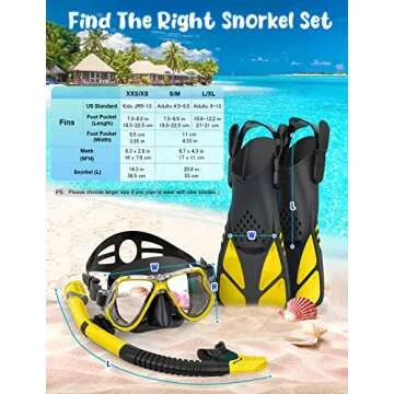 Zenoplige Mask Fins Snorkel Set, Snorkeling Gear for Adults, Panoramic View Snorkel Mask Anti-Fog, Adjustable Dive Flippers, Dry Top Snorkel and Travel Bag, Scuba Gear for Swimming Snorkeling Diving