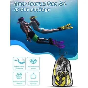 Zenoplige Mask Fins Snorkel Set, Snorkeling Gear for Adults, Panoramic View Snorkel Mask Anti-Fog, Adjustable Dive Flippers, Dry Top Snorkel and Travel Bag, Scuba Gear for Swimming Snorkeling Diving
