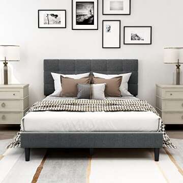 Beautiplove Upholstered Linen Platform Full Size Bed Frame with Polka Dot Headboard Metal Slat Support Mattress Support No Box Spring Needed Easy to Assemble, Dark Grey