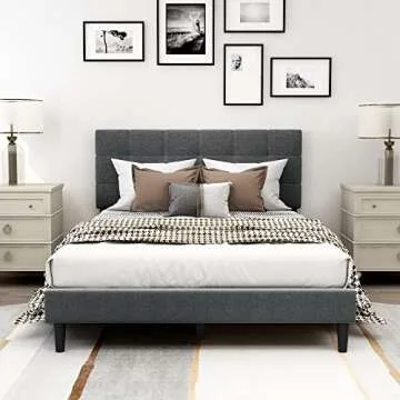 Beautiplove Upholstered Linen Platform Full Size Bed Frame with Polka Dot Headboard Metal Slat Support Mattress Support No Box Spring Needed Easy to Assemble, Dark Grey
