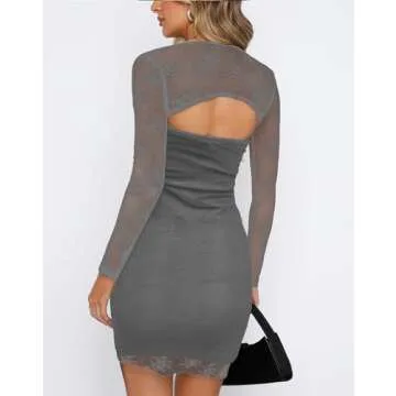 HYPERFIRE Women's Floral Lace Tube Strapless Mini Dress Bodycon Party Dresses and Bolero Set Grey X-Small