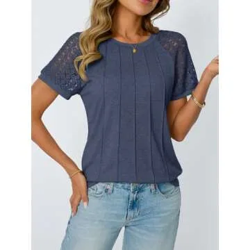 AUTOMET Womens T Shirts Lace Tops Fashion Short Sleeve Trendy Business Casual Dressy Knitted Summer ...