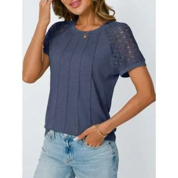 AUTOMET Womens T Shirts Lace Tops Fashion Short Sleeve Trendy Business Casual Dressy Knitted Summer Clothes 2025 Navy XL