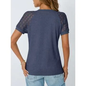 AUTOMET Womens T Shirts Lace Tops Fashion Short Sleeve Trendy Business Casual Dressy Knitted Summer Clothes 2025 Navy XL