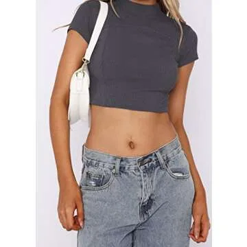 MISSACTIVER Women Workout Contrast Stitch Mock Neck Rib-Knit Crop Tee Patchwork Cap Sleeve Slim Fit Cropped T-Shirt Tops Deep Grey