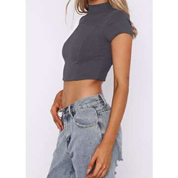 MISSACTIVER Women Workout Contrast Stitch Mock Neck Rib-Knit Crop Tee Patchwork Cap Sleeve Slim Fit Cropped T-Shirt Tops Deep Grey