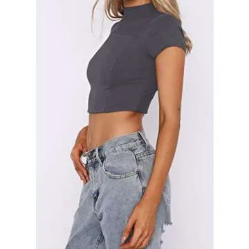 MISSACTIVER Women Workout Contrast Stitch Mock Neck Rib-Knit Crop Tee Patchwork Cap Sleeve Slim Fit Cropped T-Shirt Tops Deep Grey