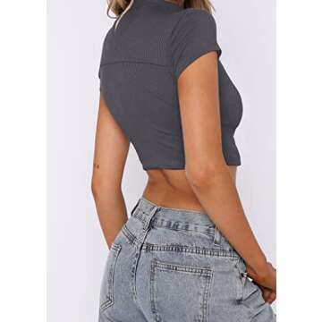 MISSACTIVER Women Workout Contrast Stitch Mock Neck Rib-Knit Crop Tee Patchwork Cap Sleeve Slim Fit Cropped T-Shirt Tops Deep Grey