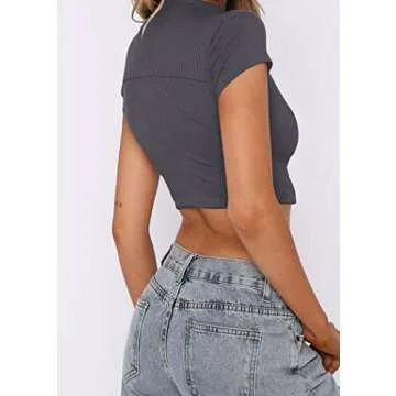MISSACTIVER Women Workout Contrast Stitch Mock Neck Rib-Knit Crop Tee Patchwork Cap Sleeve Slim Fit Cropped T-Shirt Tops Deep Grey