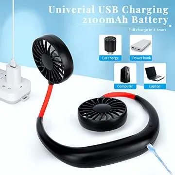 Portable Neck Fan Rechargeable Personal Hand-Free Fan Mini USB Wearable Neckband Sport Fan, 3 Speed Adjustable, 360 Degrees Free Rotation Perfect for Working, Traveling, Office, Reading (Black)