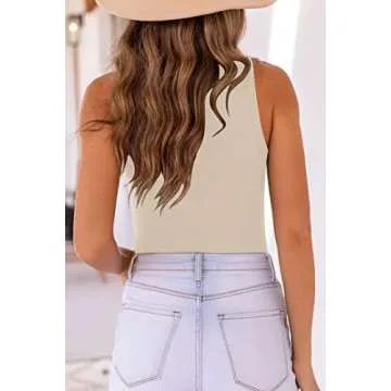 MISSJOY Womens Basic Sleeveless Bodysuits Crewneck Slim Fit Stretch Tank Tops Halter Jumpsuits Apricot M