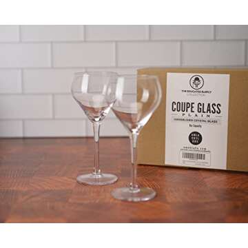 Amehla x The Educated Barfly Collection Coupe Glass Handblown Teardrop Nick and Nora Cocktail Glass - 6-ounce, Set of 2 Martini Glasses for Up Cocktails (Plain)
