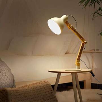 Tomons Swing Arm LED Desk Lamp, Wood Designer Table Lamp, Reading Lights for Living Room, Bedroom, Study, Office, Bedside Nightstand Lamp with 4W LED Bulb - White