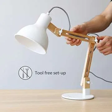 Tomons Swing Arm LED Desk Lamp, Wood Designer Table Lamp, Reading Lights for Living Room, Bedroom, Study, Office, Bedside Nightstand Lamp with 4W LED Bulb - White