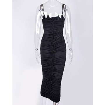 L'VOW Sexy Ruched Pencil Dress for Women Spaghetti Strap Bodycon Backless Maxi Tube Club Dress(Black,X-Small)