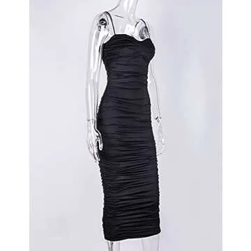 L'VOW Sexy Ruched Pencil Dress for Women Spaghetti Strap Bodycon Backless Maxi Tube Club Dress(Black,X-Small)