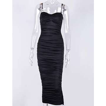 L'VOW Sexy Ruched Pencil Dress for Women Spaghetti Strap Bodycon Backless Maxi Tube Club Dress(Black,X-Small)