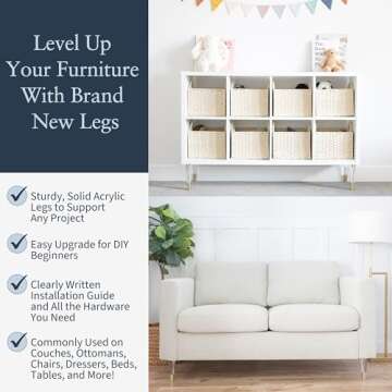 Acrylic Furniture Legs With Gold Caps - Mid Century Legs For Couch, Sofa, Chair, Table, Dresser, Bed...